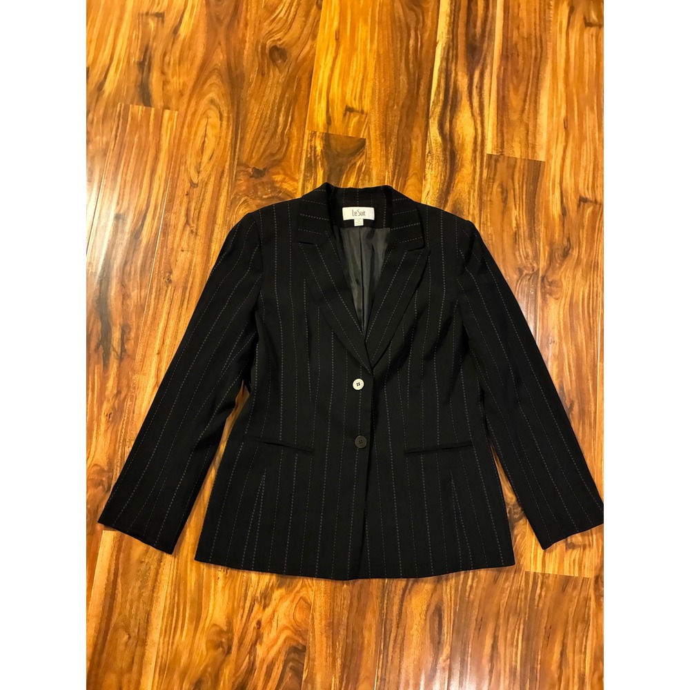 Le Suit Womens Black Pinstripe Two Button Blazer Jacket Size 12 Office Career